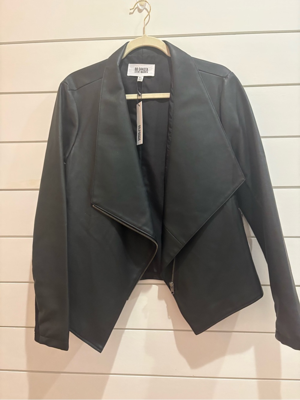 BB Dakota Black Vegan Leather Draped Moto Jacket